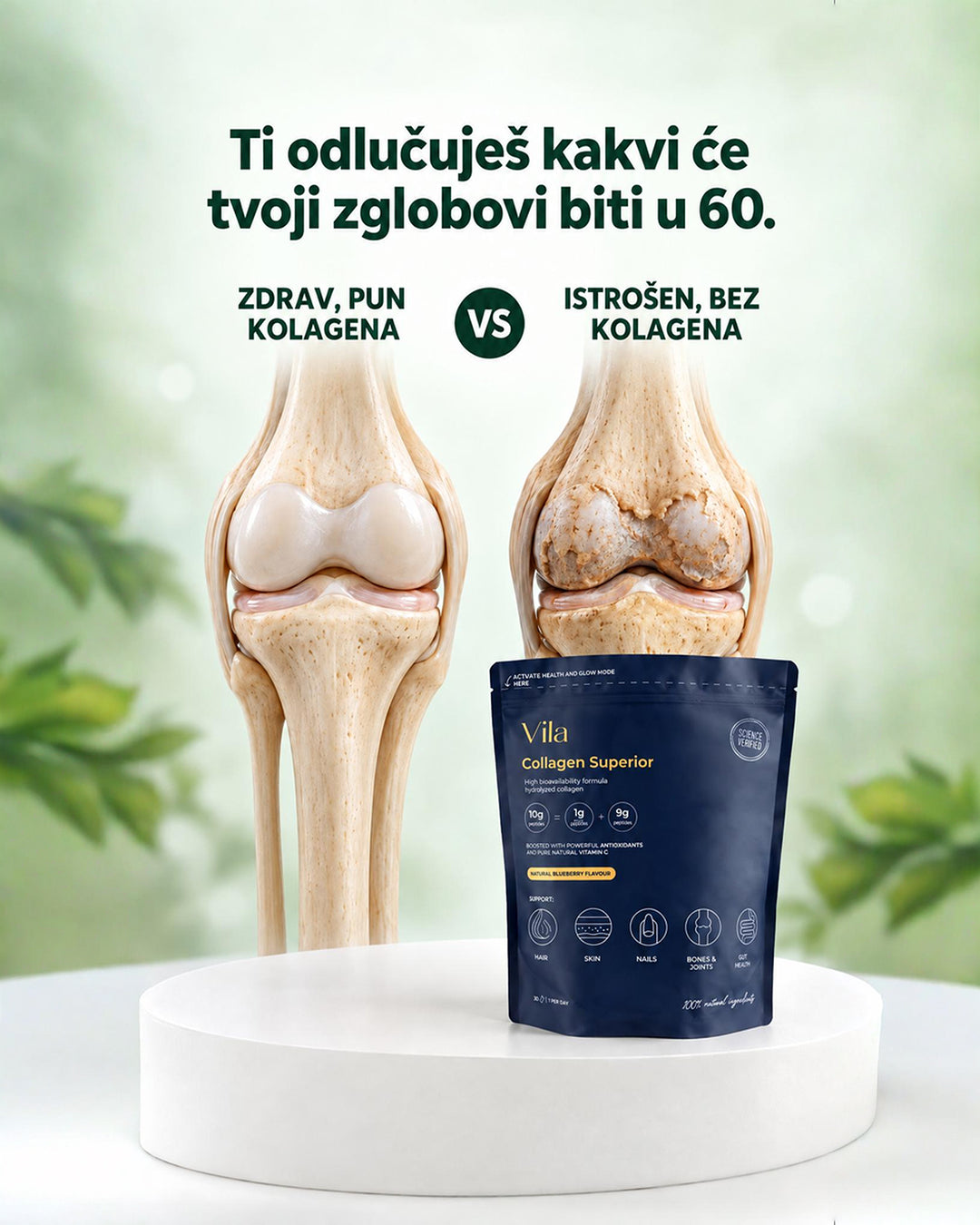 Zdrav zglob pun kolagena naspram istrošenog zgloba bez kolagena, uz Vila Collagen Superior